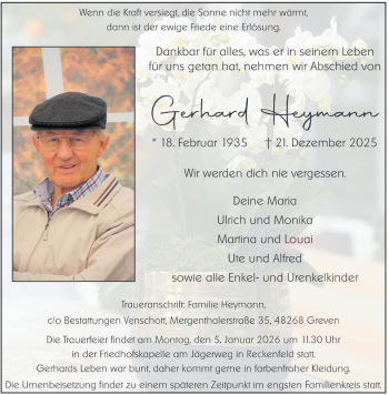 Anzeige von Gerhard Heymann 