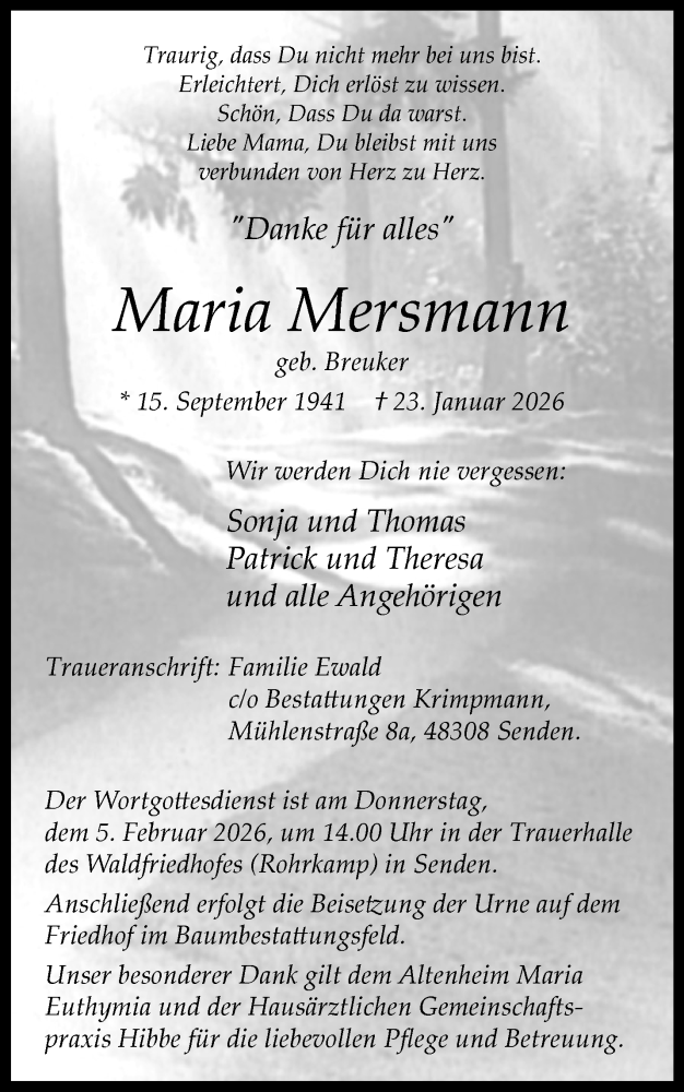  Traueranzeige für Maria Mersmann vom 31.01.2026 aus 