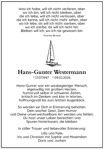 Anzeige von Hans-Gunter Westermann 