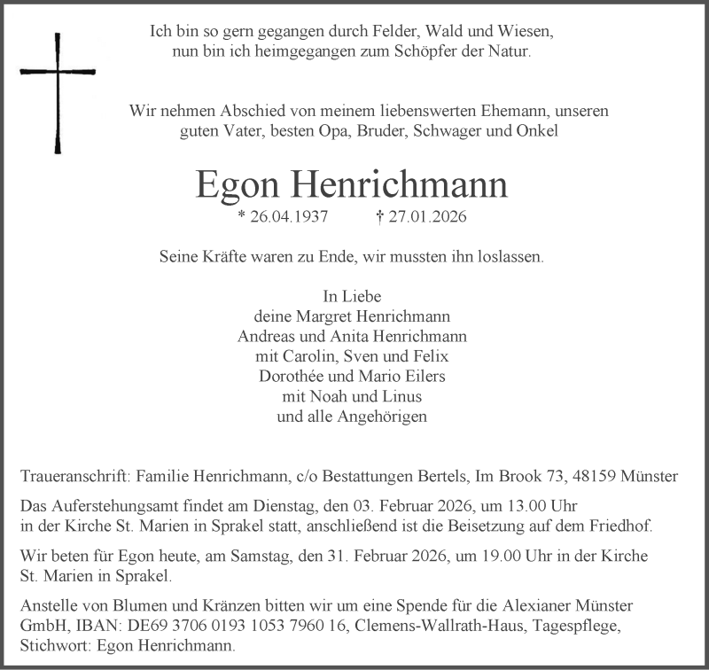  Traueranzeige für Egon Henrichmann vom 31.01.2026 aus 