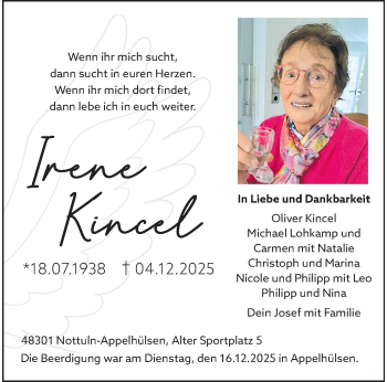 Anzeige von Irene Kincel 