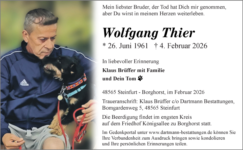  Traueranzeige für Wolfgang Thier vom 14.02.2026 aus 