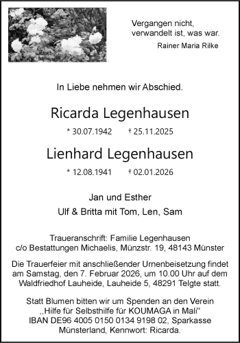 Anzeige von Ricarda und Lienhard Legenhausen 