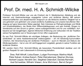 Anzeige von Prof. Dr. med. Heinrich Aloysius Schmidt-Wilcke 
