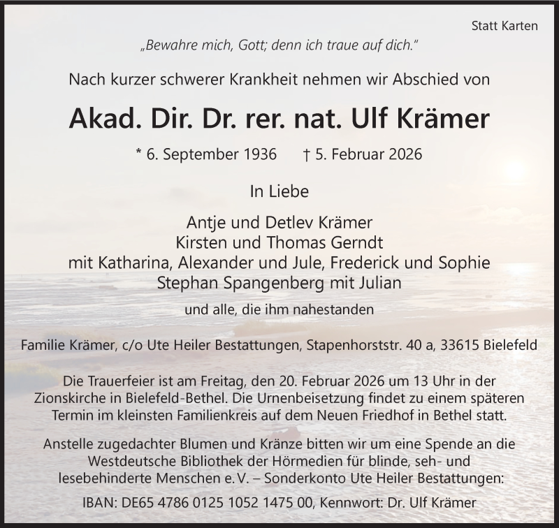 Traueranzeige für Akad. Dir. Dr. rer. nat. Ulf Krämer vom 11.02.2026 aus 