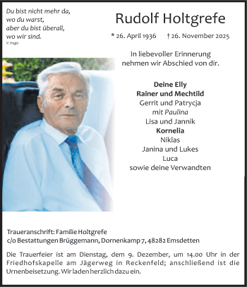 Anzeige von Rudolf Holtgrefe 