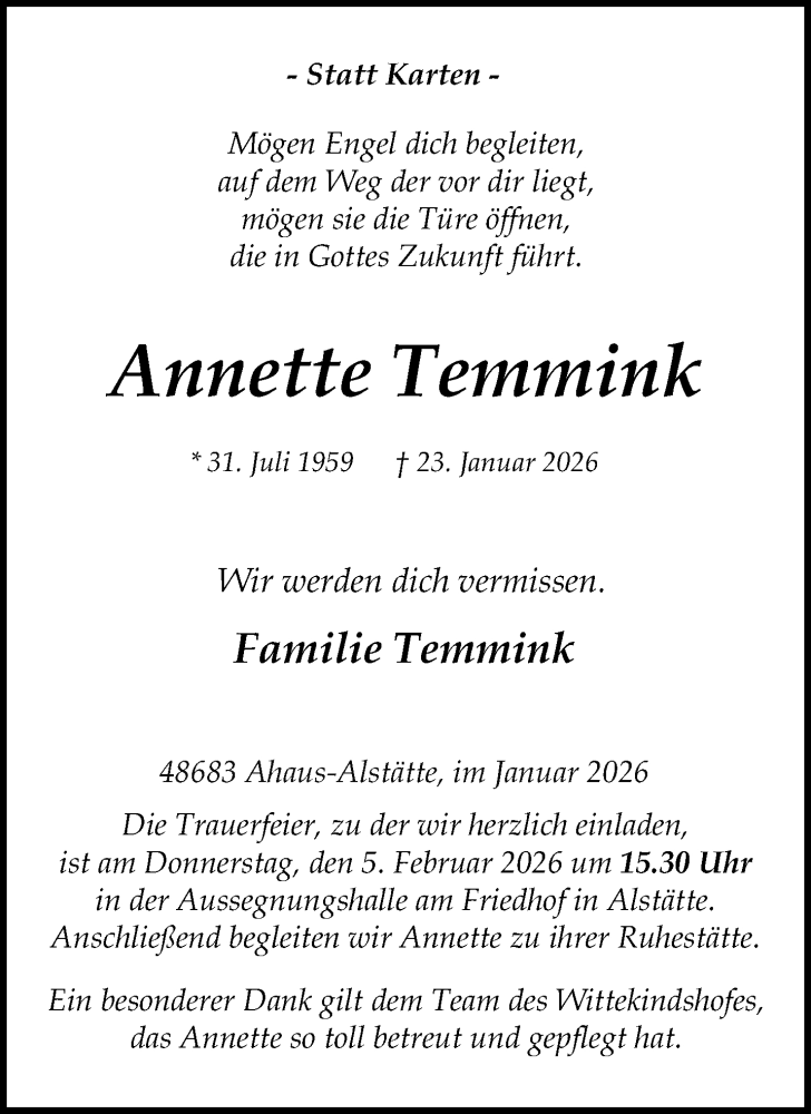  Traueranzeige für Annette Temmink vom 31.01.2026 aus 