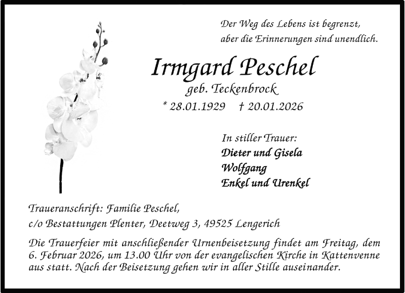  Traueranzeige für Irmgard Peschel vom 03.02.2026 aus 