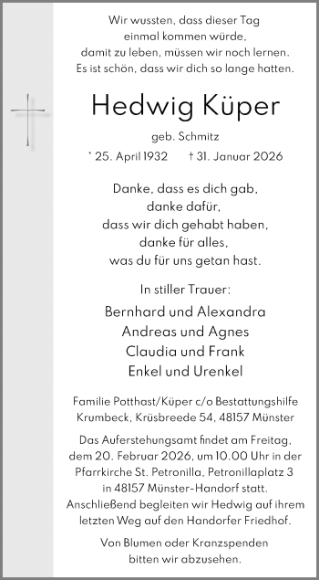 Anzeige von Hedwig Küper 