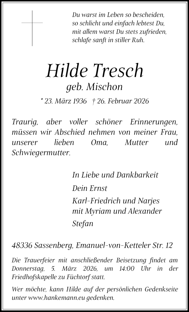  Traueranzeige für Hilde Tresch vom 02.03.2026 aus 