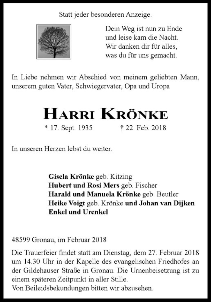  Traueranzeige für Harri Krönke vom 24.02.2018 aus Westfälische Nachrichten