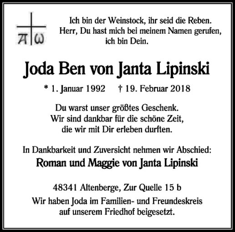  Traueranzeige für Joda Ben von Janta Lipinski vom 24.02.2018 aus Westfälische Nachrichten