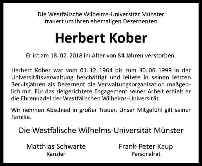  Traueranzeige für Herbert Kober vom 24.02.2018 aus Westfälische Nachrichten